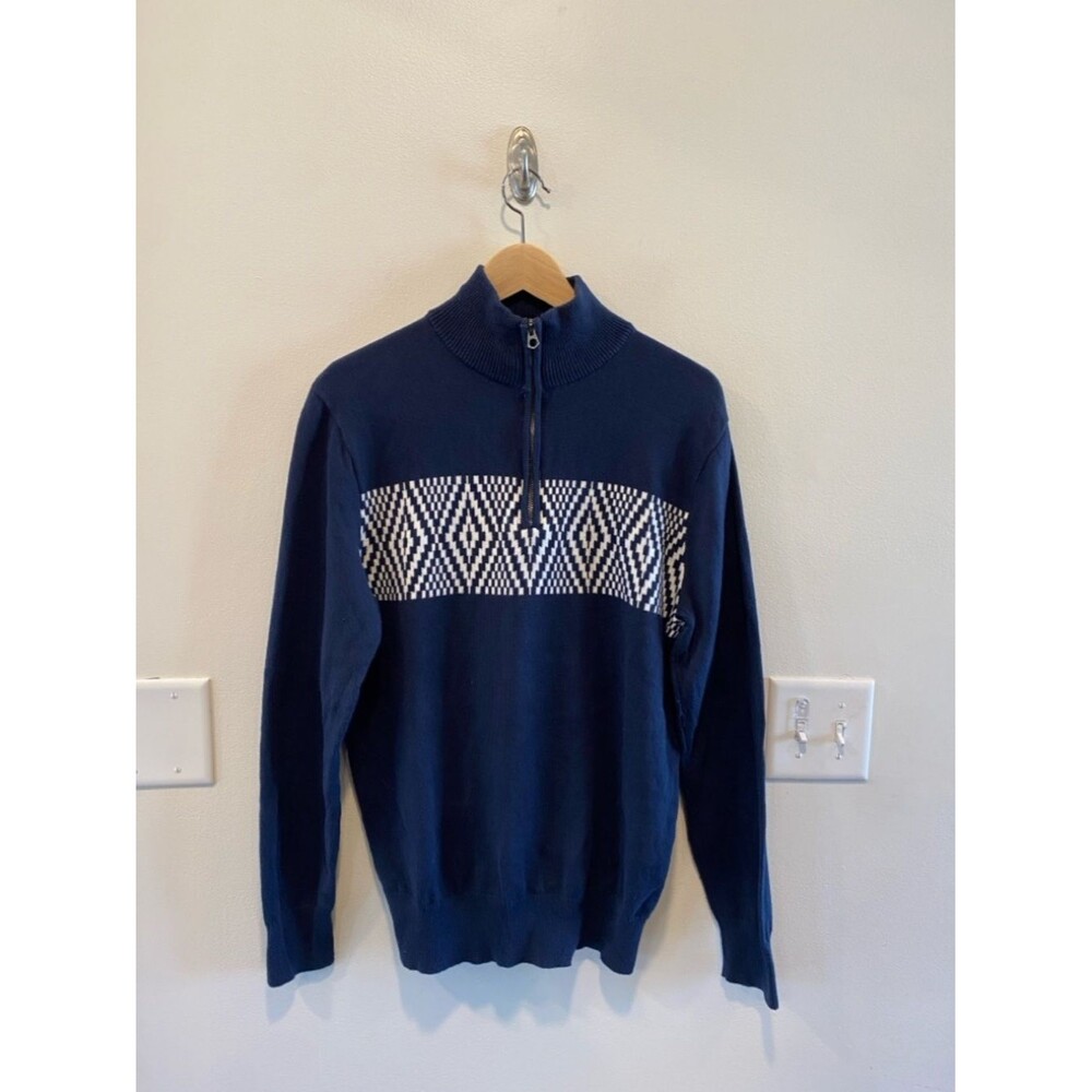 J.Crew Mens 1/4 zip heritage sweater 100% cotton navy preppy pullover fair isle